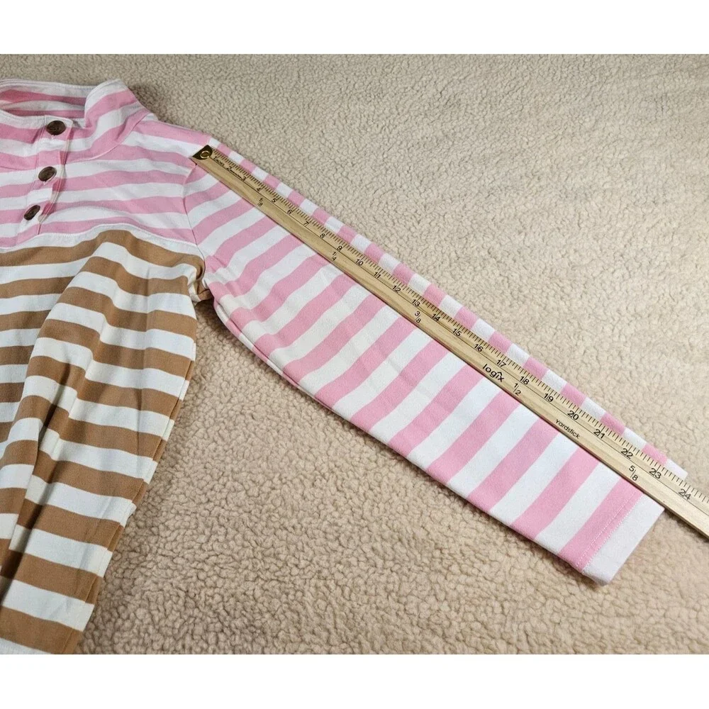 J.Crew Womens Large Stripe Funnel Neck Pullover Pink Tan Colorblock Top Preppy